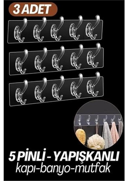 Modacar 5 Pinli 3 Lü Set Yapışkanlı Askı Xenoty Design