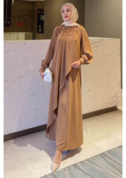 Krep Kumaş Yakası Inci Detaylı Levanur Elbise- Bisküvi