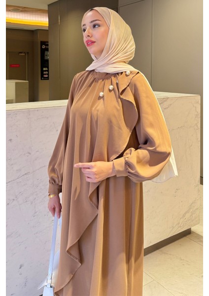 Krep Kumaş Yakası Inci Detaylı Levanur Elbise- Bisküvi modelleri