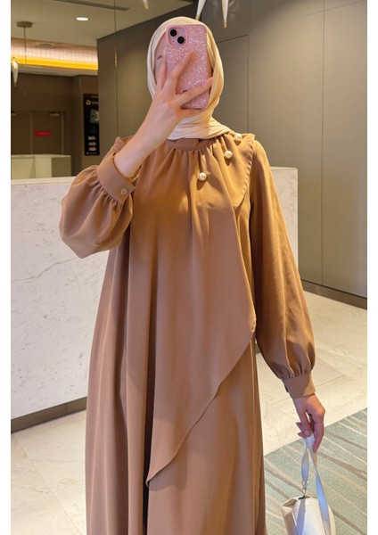 Krep Kumaş Yakası Inci Detaylı Levanur Elbise- Bisküvi fırsatları