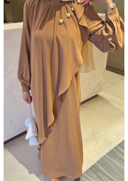 Krep Kumaş Yakası Inci Detaylı Levanur Elbise- Bisküvi indirimleri