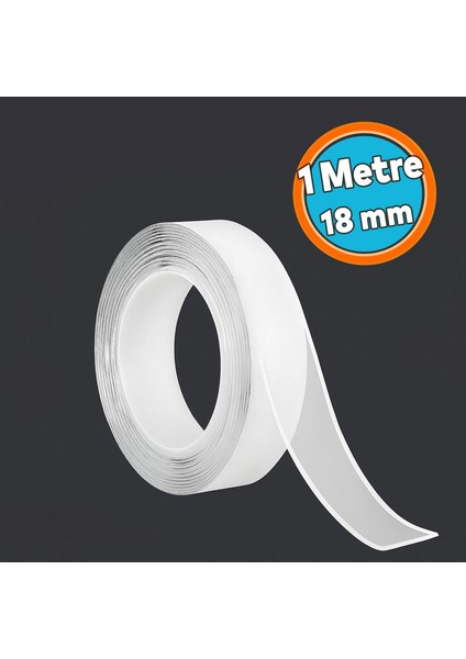 Şeffaf Çift Taraflı Nano Silikon Bant 18 mm 1 mt Güçlü Yapışkan Iz Bırakmaz Şeffaf Bant