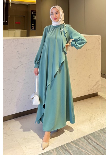 Krep Kumaş Yakası Inci Detaylı Levanur Elbise- Mint Yeşili