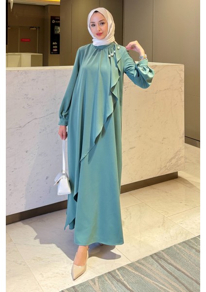 Krep Kumaş Yakası Inci Detaylı Levanur Elbise- Mint Yeşili fiyatları