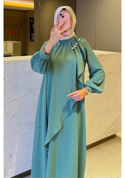 Krep Kumaş Yakası Inci Detaylı Levanur Elbise- Mint Yeşili modelleri