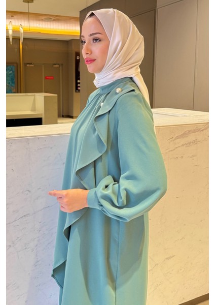 Krep Kumaş Yakası Inci Detaylı Levanur Elbise- Mint Yeşili fırsatları