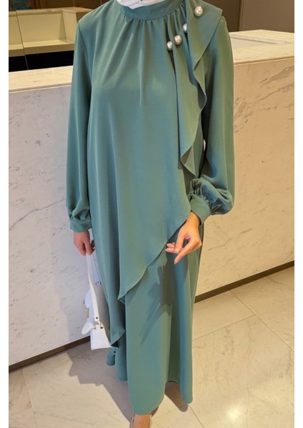 Krep Kumaş Yakası Inci Detaylı Levanur Elbise- Mint Yeşili indirimleri