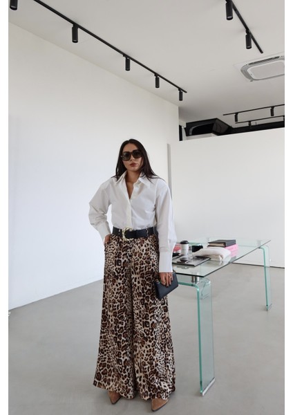 Leoapar Desen Deri Kemerli Saten Pantolon