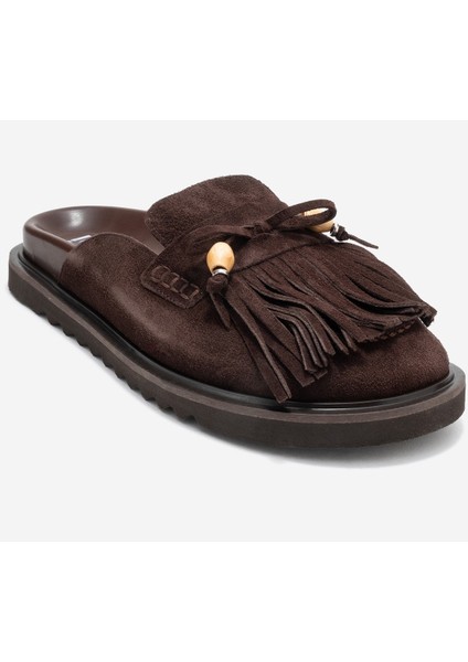 Carol Kahverengi Süet Püsküllü Hakiki Deri Kadın Burnu Kapalı Terlik modelleri