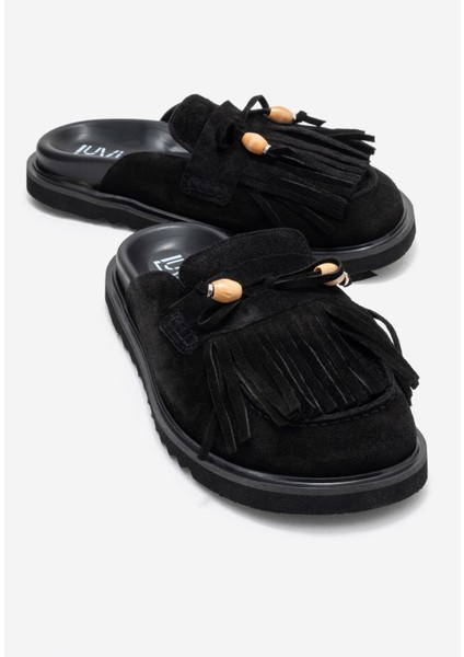 Carol Siyah Süet Püsküllü Hakiki Deri Kadın Burnu Kapalı Terlik