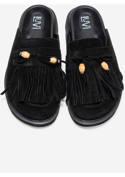 Carol Siyah Süet Püsküllü Hakiki Deri Kadın Burnu Kapalı Terlik fiyatları