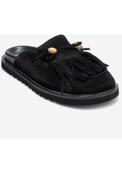 Carol Siyah Süet Püsküllü Hakiki Deri Kadın Burnu Kapalı Terlik modelleri