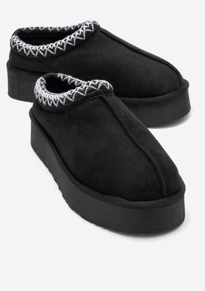 Avelıa Siyah Süet Hakiki Deri Dikişli Kadın Kalın Tabanlı Kışlık Terlik