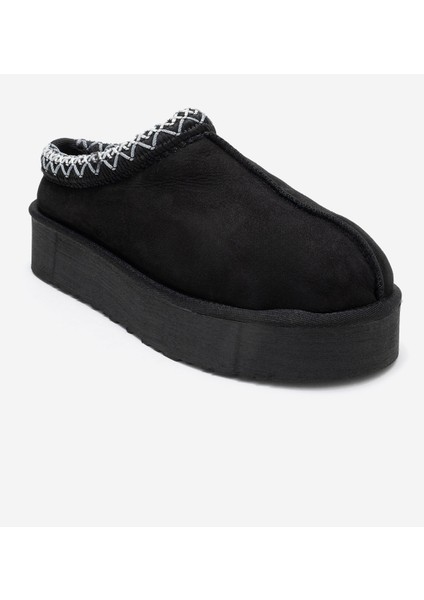 Avelıa Siyah Süet Hakiki Deri Dikişli Kadın Kalın Tabanlı Kışlık Terlik modelleri
