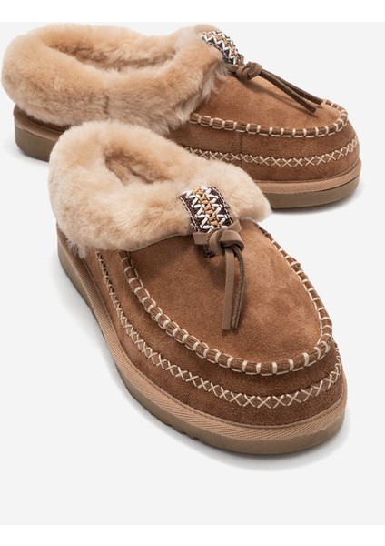 Norıel Toprak Süet Hakiki Deri Dikişli Kürklü Kadın Makosen Terlik