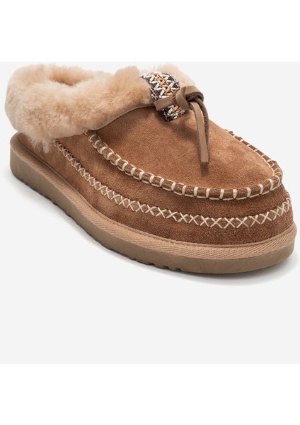 Norıel Toprak Süet Hakiki Deri Dikişli Kürklü Kadın Makosen Terlik modelleri