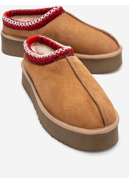 Avelıa Taba Süet Hakiki Deri Dikişli Kadın Kalın Tabanlı Kışlık Terlik