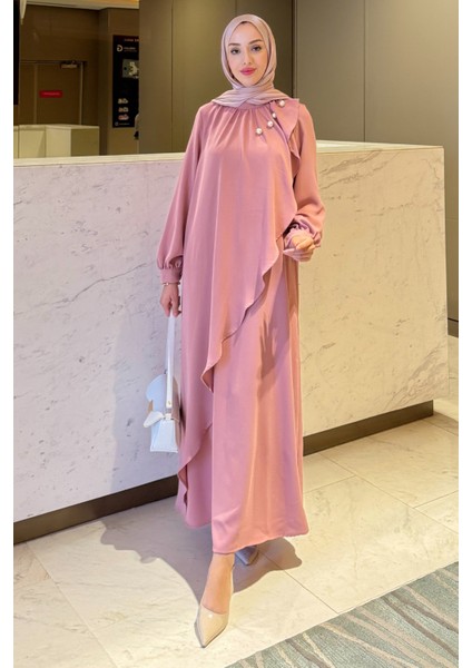 Krep Kumaş Yakası Inci Detaylı Levanur Elbise- Gül Kurusu