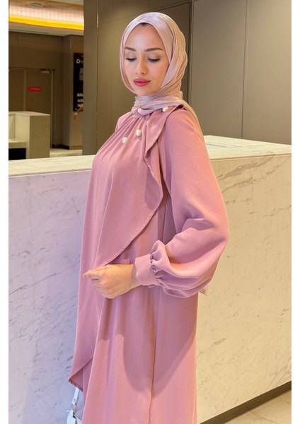 Krep Kumaş Yakası Inci Detaylı Levanur Elbise- Gül Kurusu modelleri