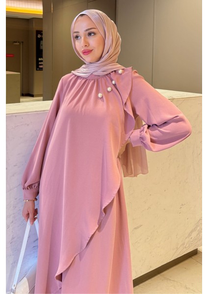 Krep Kumaş Yakası Inci Detaylı Levanur Elbise- Gül Kurusu fırsatları