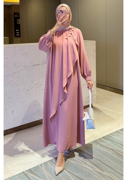 Krep Kumaş Yakası Inci Detaylı Levanur Elbise- Gül Kurusu indirimleri