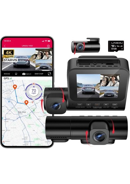 Lıngdu V630 4K 3 Kameralı (Ön, Arka, Kabin) Akıllı Araç Kamerası