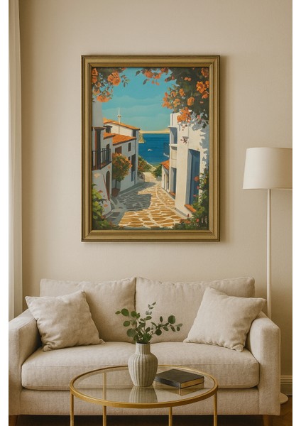 Mediterranean Street – Akdeniz Sokak Manzaralı Dekoratif Duvar Tablosu (Çerçeveli)