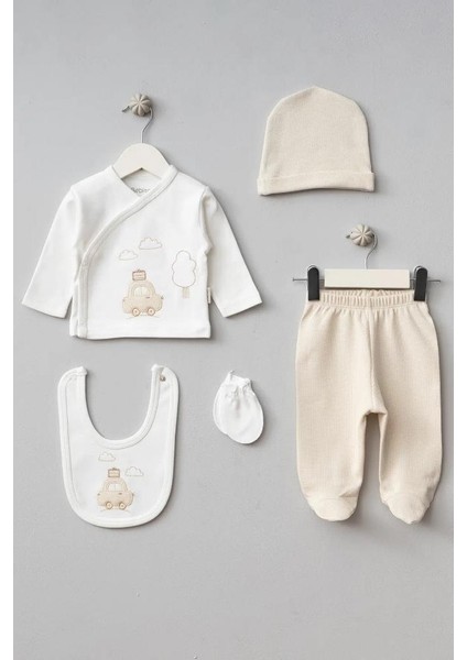 %100 Pamuk Bulutlu Araba Desenli 5 Parça Yenidoğan Hastane Çıkışı Zıbın Seti BBTF.KRM.20109