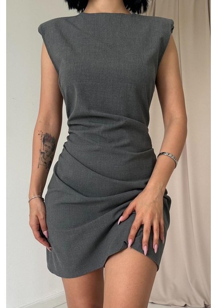 Gri Yanı Büzgülü Sıfır Kol Elbise L-Gri modelleri