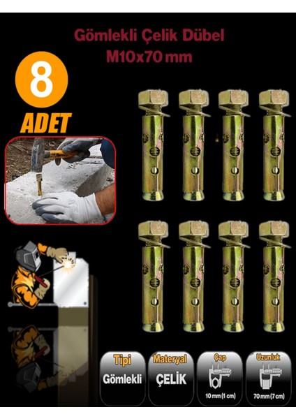 Saplamalı Gömlek Çelik Dübel M10X70 mm Raf Montaj Bağlantı Zemin Monte Tavan Asma Aparat 8 Adet.