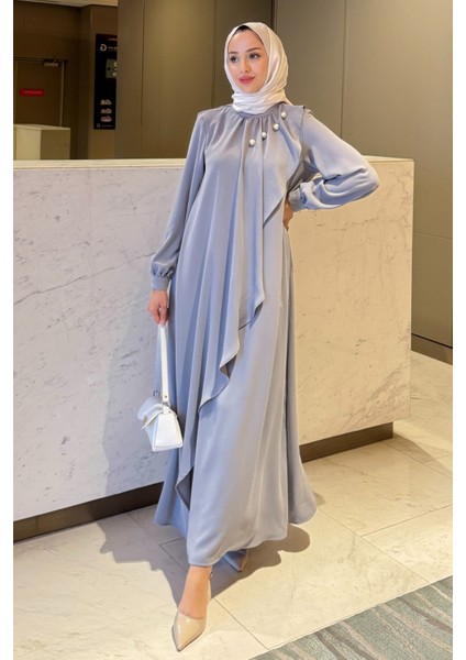 Krep Kumaş Yakası Inci Detaylı Levanur Elbise- Gri