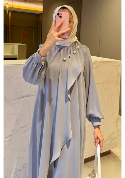 Krep Kumaş Yakası Inci Detaylı Levanur Elbise- Gri fırsatları