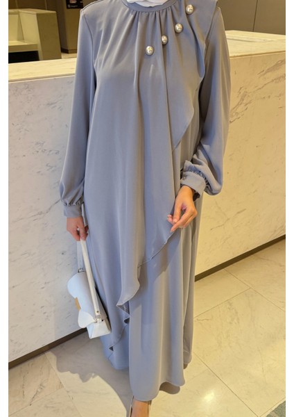 Krep Kumaş Yakası Inci Detaylı Levanur Elbise- Gri indirimleri