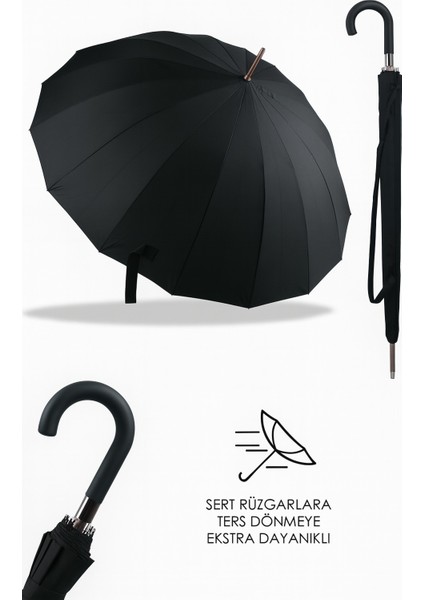 Yağmur şemsiyesi 16 Tel Bastonlu Siyah Şemsiye Özel Yumuşak saplı ve taşıma Kılıflı