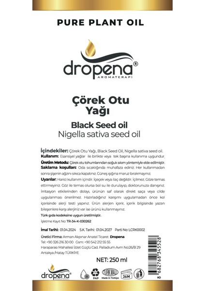 Çörek Otu Yağı 250 ml , Soğuk Sıkım , Cam Şişe fiyatları