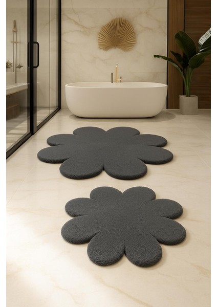 2'li Koyu Gri Banyo Halısı Yumuşak Post Peluş Klozet Takımı Makinede YIKANABILIR(60X60 ve 80X80)