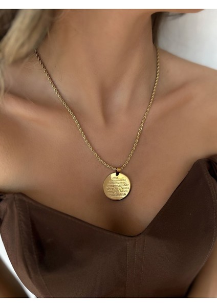 Arya Jewelry Kadın 316L Çelik Gold Ayetel Kürsi Kolye