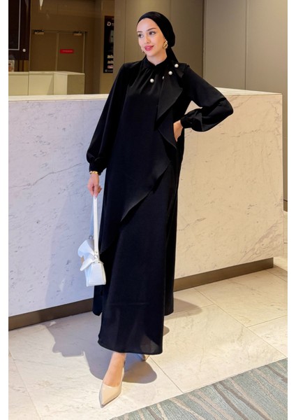 Krep Kumaş Yakası Inci Detaylı Levanur Elbise- Siyah fiyatları
