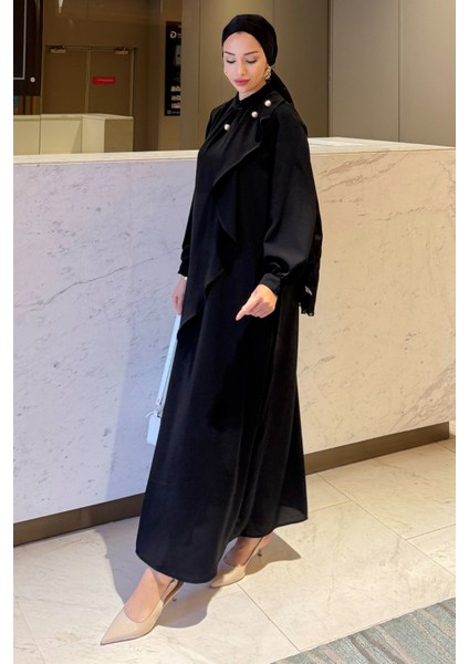 Krep Kumaş Yakası Inci Detaylı Levanur Elbise- Siyah modelleri