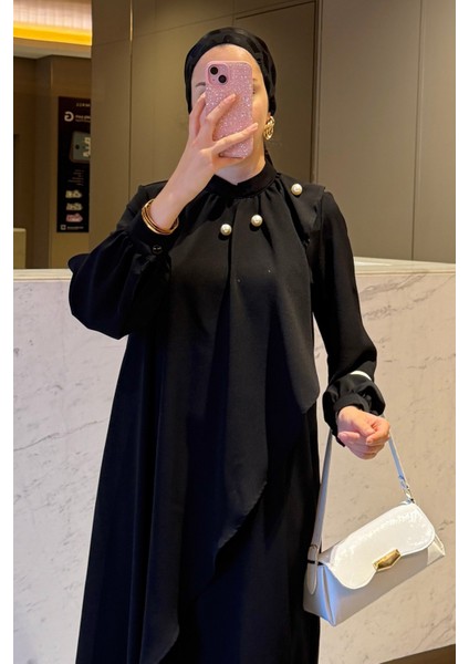 Krep Kumaş Yakası Inci Detaylı Levanur Elbise- Siyah fırsatları