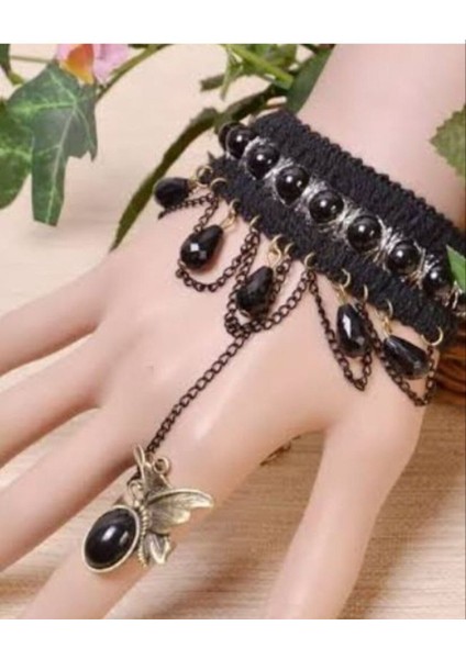 Gotik Siyah Dantelli Boncuklu Kadın Şahmeran