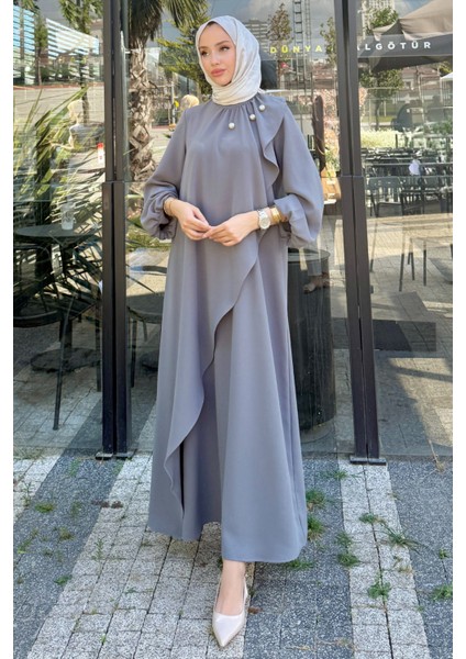 Krep Kumaş Yakası Inci Detaylı Levanur Elbise- Antrasit