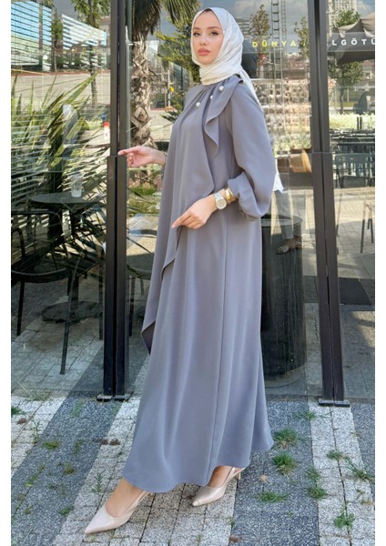 Krep Kumaş Yakası Inci Detaylı Levanur Elbise- Antrasit fiyatları