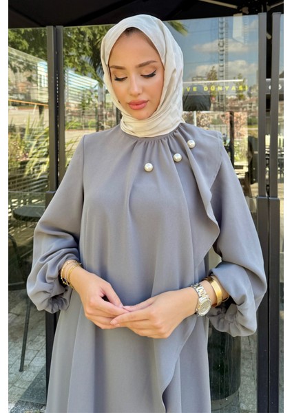 Krep Kumaş Yakası Inci Detaylı Levanur Elbise- Antrasit modelleri