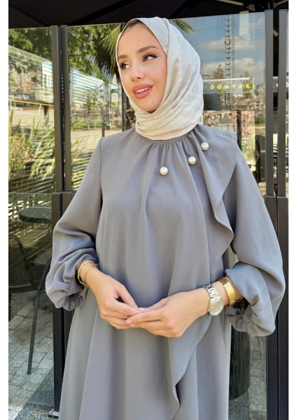 Krep Kumaş Yakası Inci Detaylı Levanur Elbise- Antrasit fırsatları