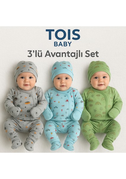 Desenli Patikli 3'lü 3 Adet Set 3 Farklı Renk Yenidoğan Erkek 0-3 Ay Hastane Çıkışı