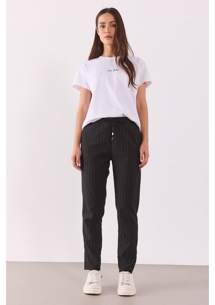 Alian Beli Lastikli Smart Çizgili Pantolon-Antrasit Çizgili