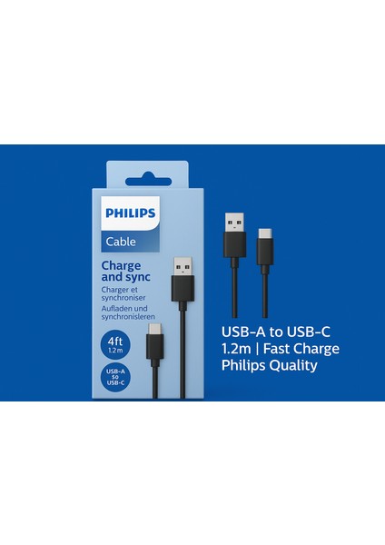 Philips 5A 45W Usba To Type-C Hızlı Şarj ve Data Kablosu 1.2m Siyah