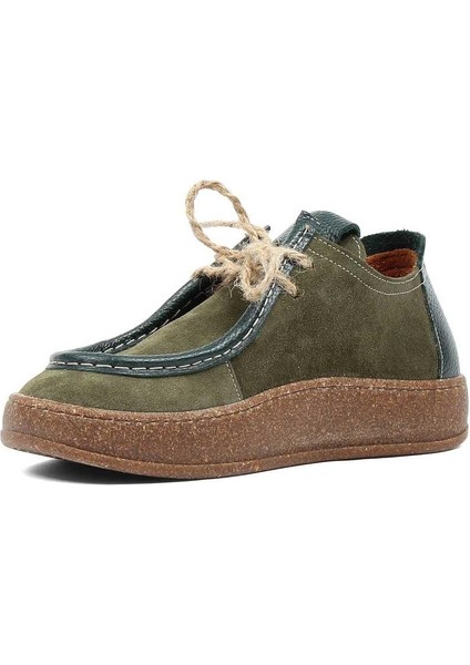 Kadın Haki Bağcıklı Kalın Tabanlı Süet Deri Ayakkabı fırsatları