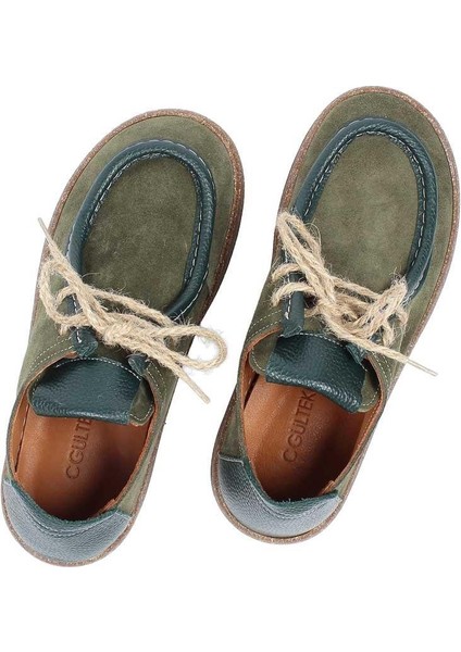 Kadın Haki Bağcıklı Kalın Tabanlı Süet Deri Ayakkabı